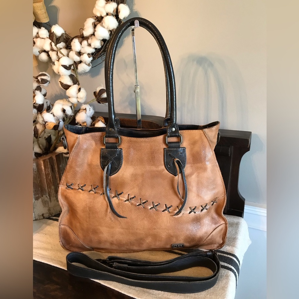 NWOT Bed Stu Leather Bruna Handbag Shoulder Bag Tan Rustic Black Rustic MSRP 300
